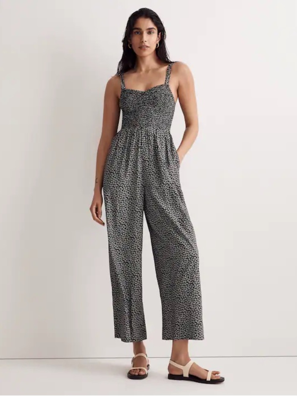 Madewell Lucie Black White Floral Smocked Wide Leg Jumpsuit Pockets Medium EUC
